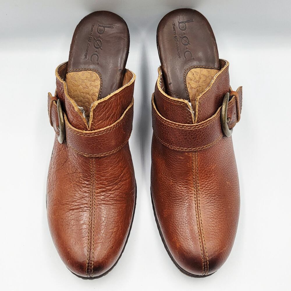 b.ø.c. Born Concept Brown Leather Mule Clogs Cushioned Side Buckle Women's Sz 7